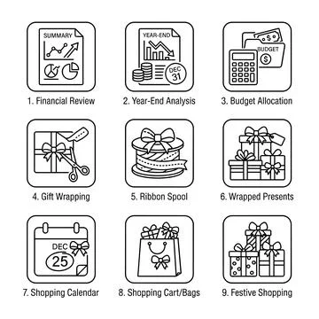 Black line icons set of 9 Christmas shopping and finance concepts, includin.. Stock Illustration