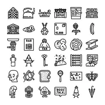 Black line icons set representing various objects and concepts Stock Illustration