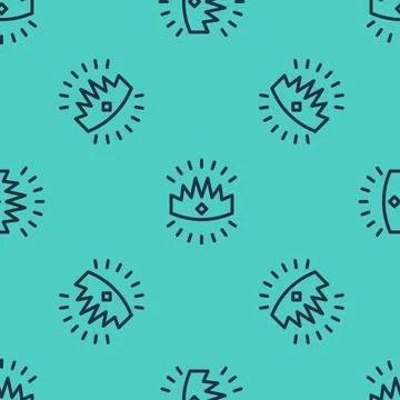 Black line King crown icon isolated seamless pattern on green background. Vector Stock Illustration