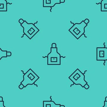 Black line Kitchen apron icon isolated seamless pattern on green background 스톡 일러스트
