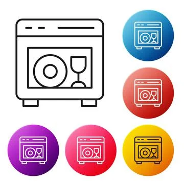 Black line Kitchen dishwasher machine icon isolated on white background. Set Stock Illustration