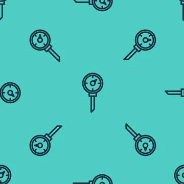 Black line Kitchen thermometer icon isolated seamless pattern on green Stock Illustration