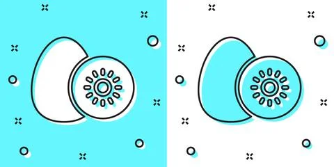 Black line Kiwi fruit icon isolated on green and white background. Random d.. Stock Illustration