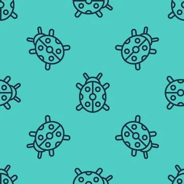 Black line Ladybug icon isolated seamless pattern on green background. Vector Stock Illustration