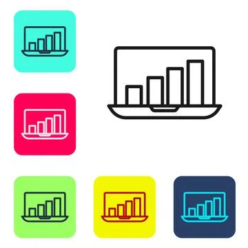 Black line Laptop with graph chart icon isolated on white background. Report Stock Illustration