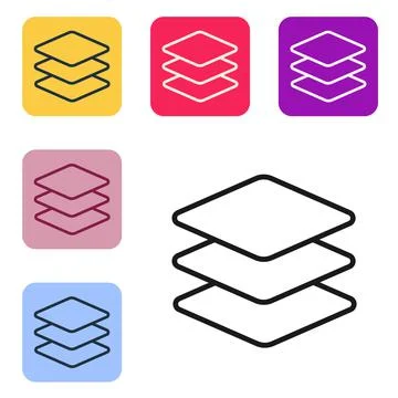 Black line Layers icon isolated on white background. Set icons in color square 库存插图