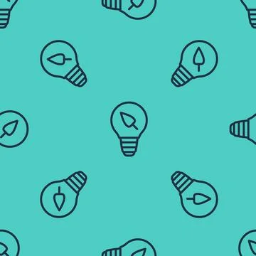 Black line Light bulb with leaf icon isolated seamless pattern on green backg Stock Illustration