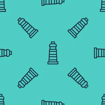 Black line Lighthouse icon isolated seamless pattern on green background. Vector Stock Illustration