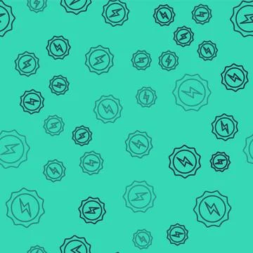Black line Lightning bolt icon isolated seamless pattern on green background Stock Illustration