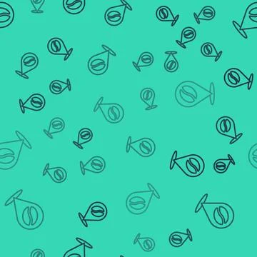 Black line Location with coffee bean icon isolated seamless pattern on green Stock Illustration