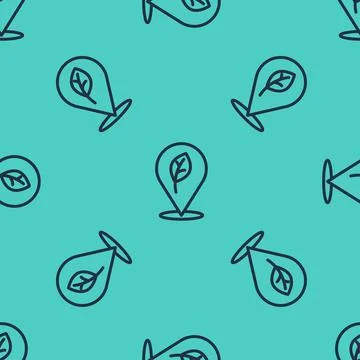 Black line Location with leaf icon isolated seamless pattern on green background Stock Illustration