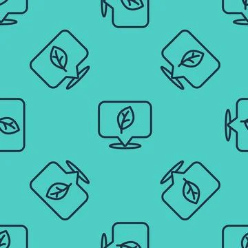 Black line Location with leaf icon isolated seamless pattern on green backg.. Illustrazione stock