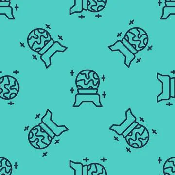 Black line Magic ball icon isolated seamless pattern on green background Stock Illustration