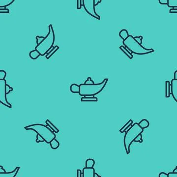 Black line Magic lamp or Aladdin lamp icon isolated seamless pattern on green Illustrazione stock