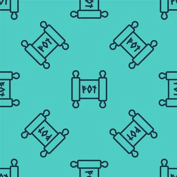 Black line Magic scroll icon isolated seamless pattern on green background Stock Illustration
