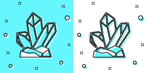 Black line Magic stone icon isolated on green and white background. Fantasy.. Illustrazione stock