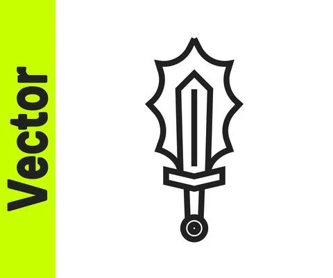 Black line Magic sword in fire icon isolated on white background. Fiery sword Stock Illustration