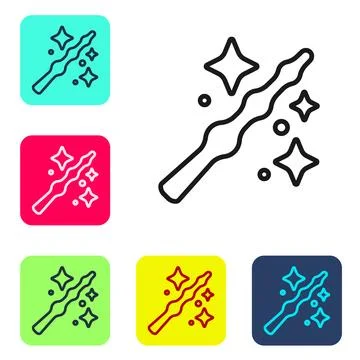 Black line Magic wand icon isolated on white background. Star shape magic a.. Stock Illustration