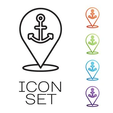 Black line Map pointer with anchor icon isolated on white background. Set icons Stock Illustration