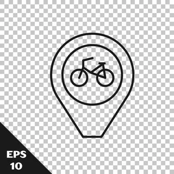 Black line Map pointer with bicycle icon isolated on transparent background Stockillustratie