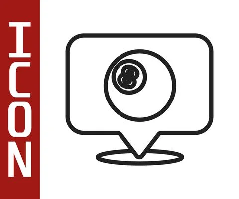 Black line Map pointer with billiard pool snooker ball with number 8 icon イラスト素材