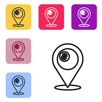 Black line Map pointer with billiard pool snooker ball with number 8 icon Stock Illustration