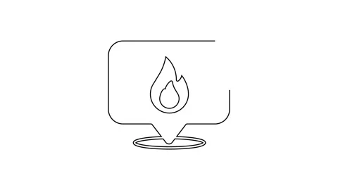 Black line Map pointer with fire flame icon isolated on white background. Fire Stock Footage 159318933