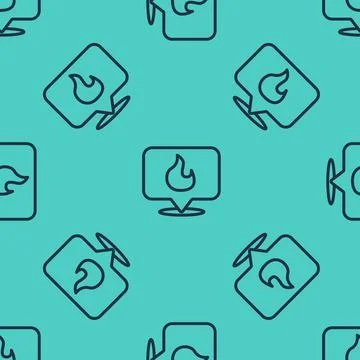 Black line Map pointer with fire flame icon isolated seamless pattern on green イラスト素材
