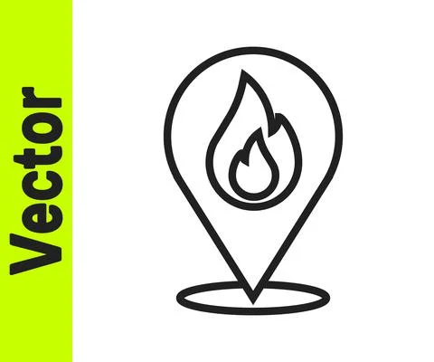 Black line Map pointer with fire flame icon isolated on white background. Fire Stock Illustration
