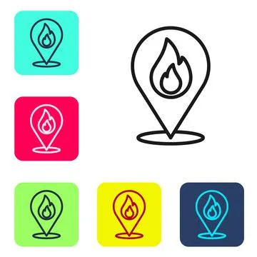 Black line Map pointer with fire flame icon isolated on white background. Fire 스톡 일러스트
