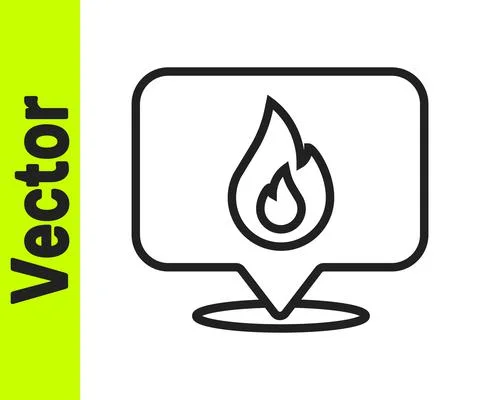 Black line Map pointer with fire flame icon isolated on white background. Fire Stock Illustration