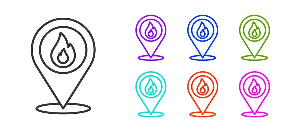 Black line Map pointer with fire flame icon isolated on white background. Fire Stock Illustration