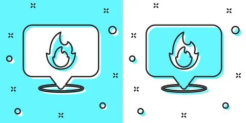 Black line Map pointer with fire flame icon isolated on green and white backg Stock Illustration