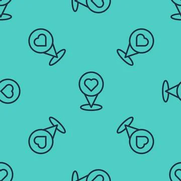 Black line Map pointer with heart icon isolated seamless pattern on green イラスト素材