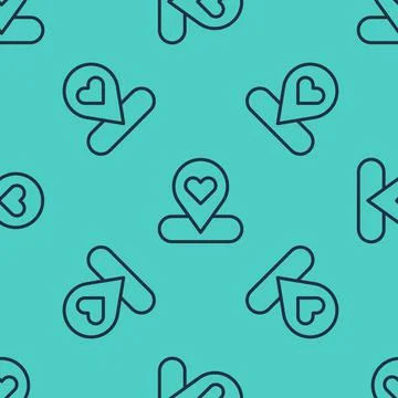 Black line Map pointer with heart icon isolated seamless pattern on green Stock Illustration