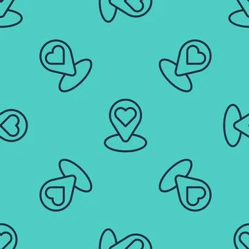 Black line Map pointer with heart icon isolated seamless pattern on green Stock Illustration