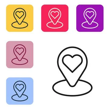 Black line Map pointer with heart icon isolated on white background. Valentines Stock Illustration