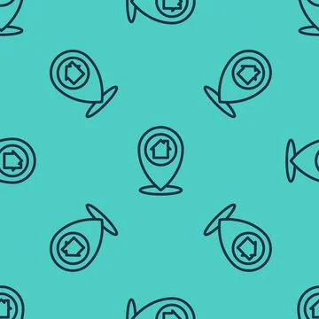 Black line Map pointer with house icon isolated seamless pattern on green Stock Illustration