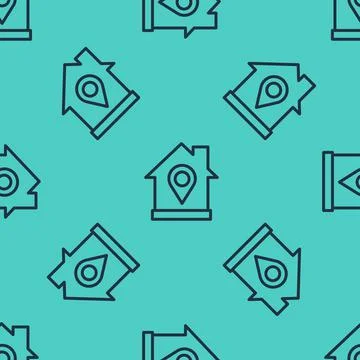 Black line Map pointer with house icon isolated seamless pattern on green Illustrazione stock