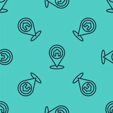 Black line Map pointer with house icon isolated seamless pattern on green Stock Illustration