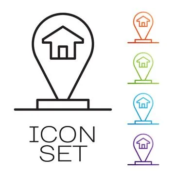 Black line Map pointer with house icon isolated on white background. Home Stockillustratie