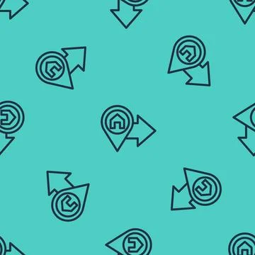 Black line Map pointer with house icon isolated seamless pattern on green Stock Illustration