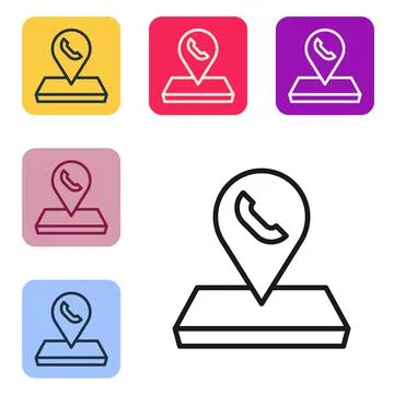Black line Map pointer with telephone or communication icon isolated on white Stock Illustration