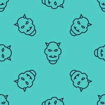 Black line Mask of the devil with horns icon isolated seamless pattern on green Stock Illustration