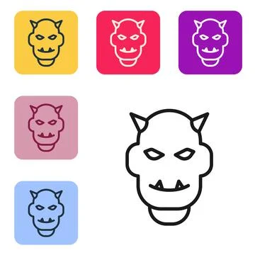 Black line Mask of the devil with horns icon isolated on white background. Set 스톡 일러스트