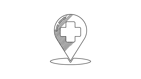 Black line Medical map pointer with cross hospital icon isolated on white Stock Footage 201415853