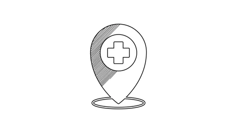Black line Medical map pointer with cross hospital icon isolated on white 스톡 동영상 201587237