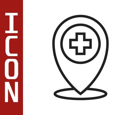 Black line Medical map pointer with cross hospital icon isolated on white Stock Illustration