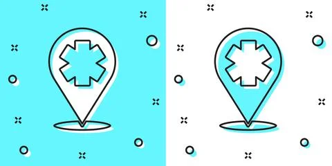 Black line Medical map pointer with cross hospital icon isolated on green and Stock Illustration