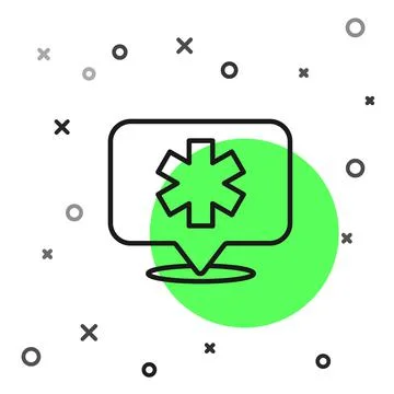 Black line Medical map pointer with cross hospital icon isolated on white 스톡 일러스트